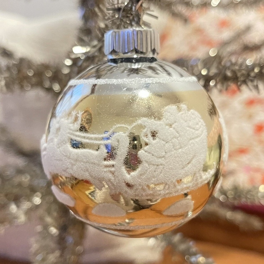 3" Radko Shiny Brite Stenciled Flocked Ornament‎ Santa Sleigh Ride Reindeer Gold